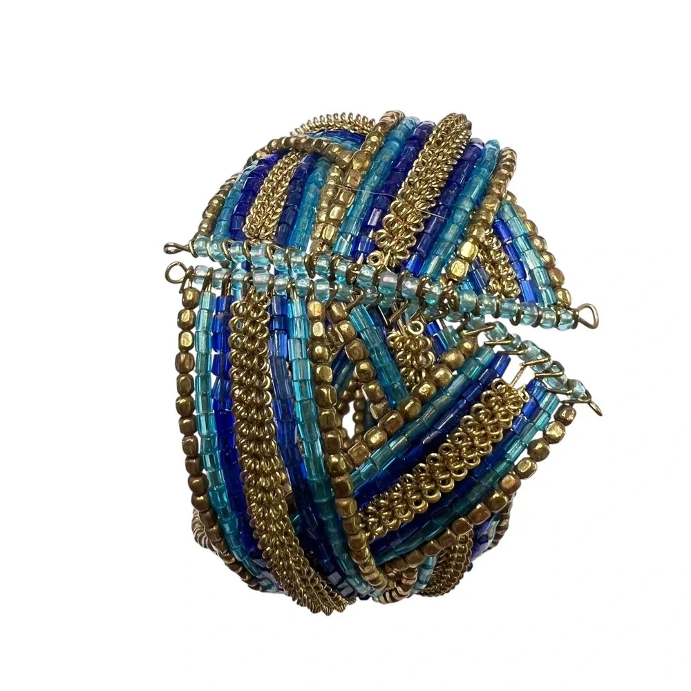 Beaded Cuff Bracelet Blue Gold Tone Statement‎ Bohemian Fashion Jewelry